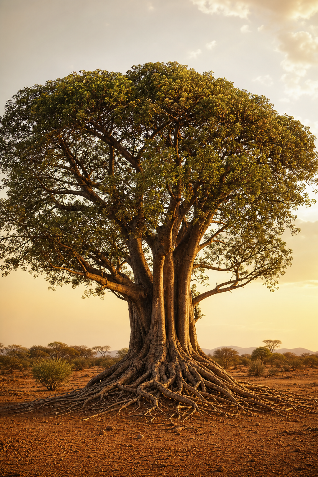 A large African tree in warm golden light, symbolising roots, shelter and community.